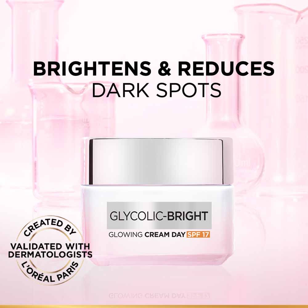 L'Oreal Paris Glycolic Bright Day Cream With SPF17 Glycolic Acid & Niacinamide Reduces Dark Spots (50ml)