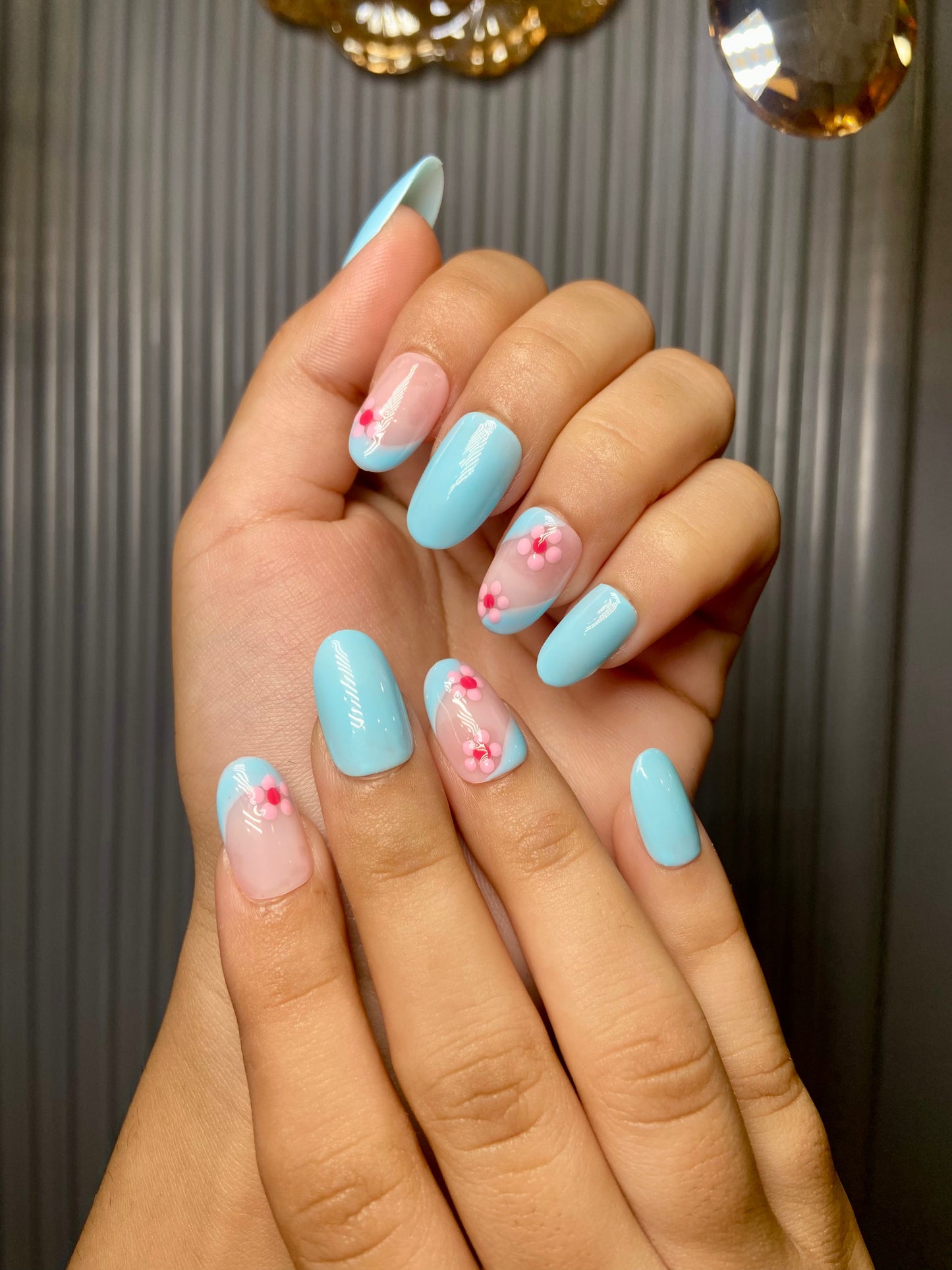 blue pink floral nails