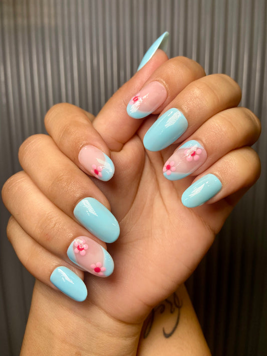 blue pink floral nails