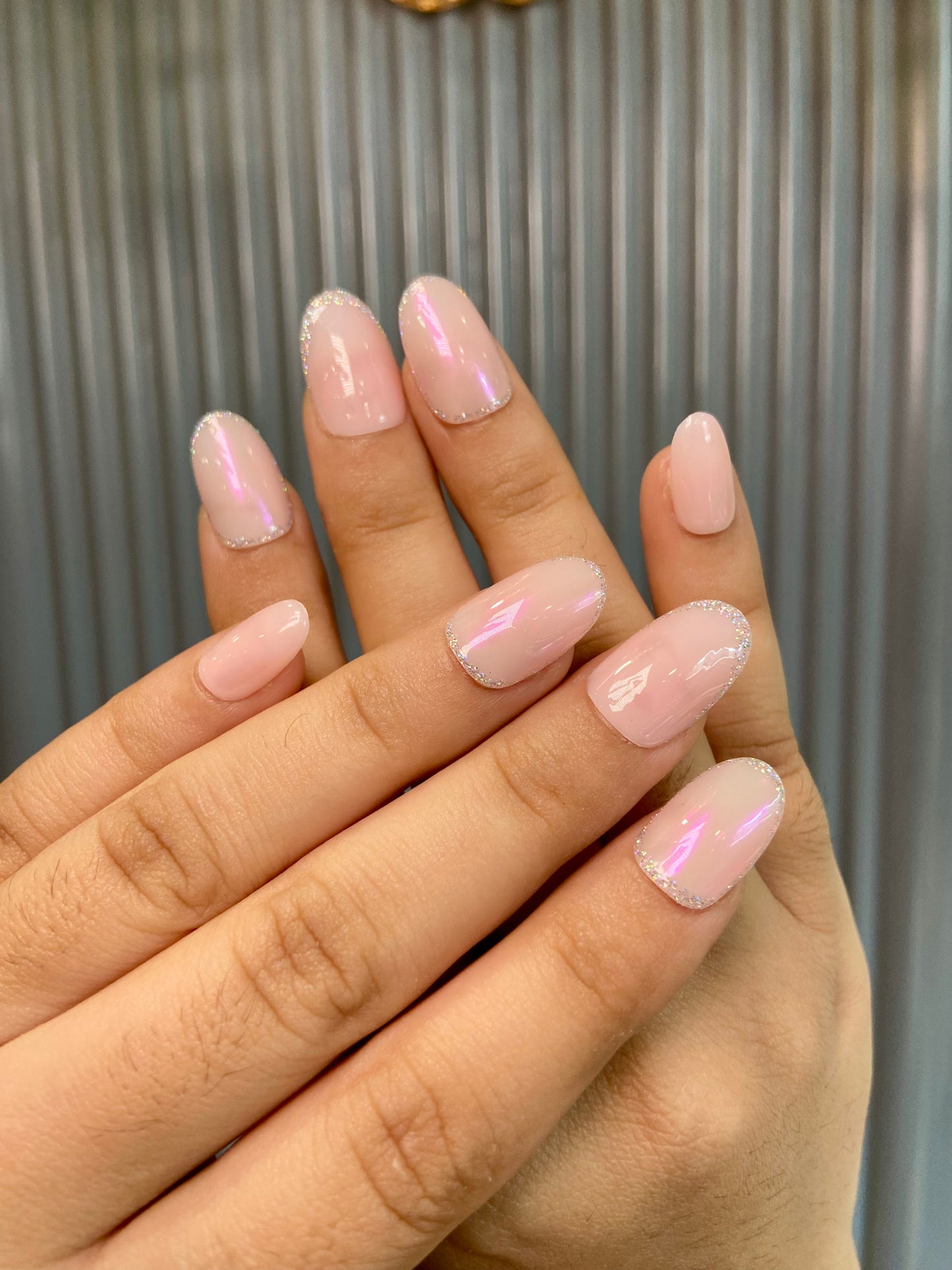Pink chrome silver french nails