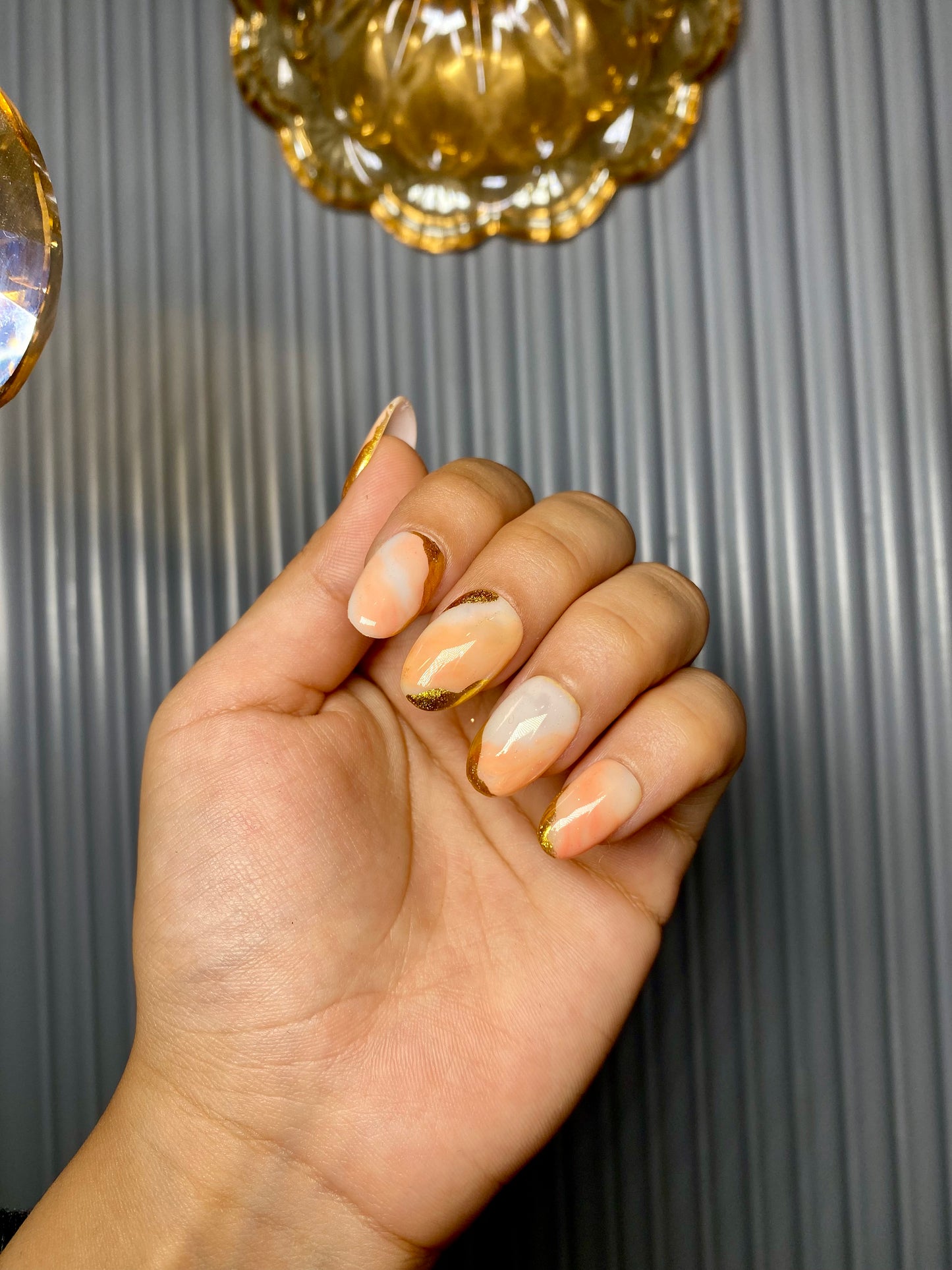 Peach Marble chrome nails