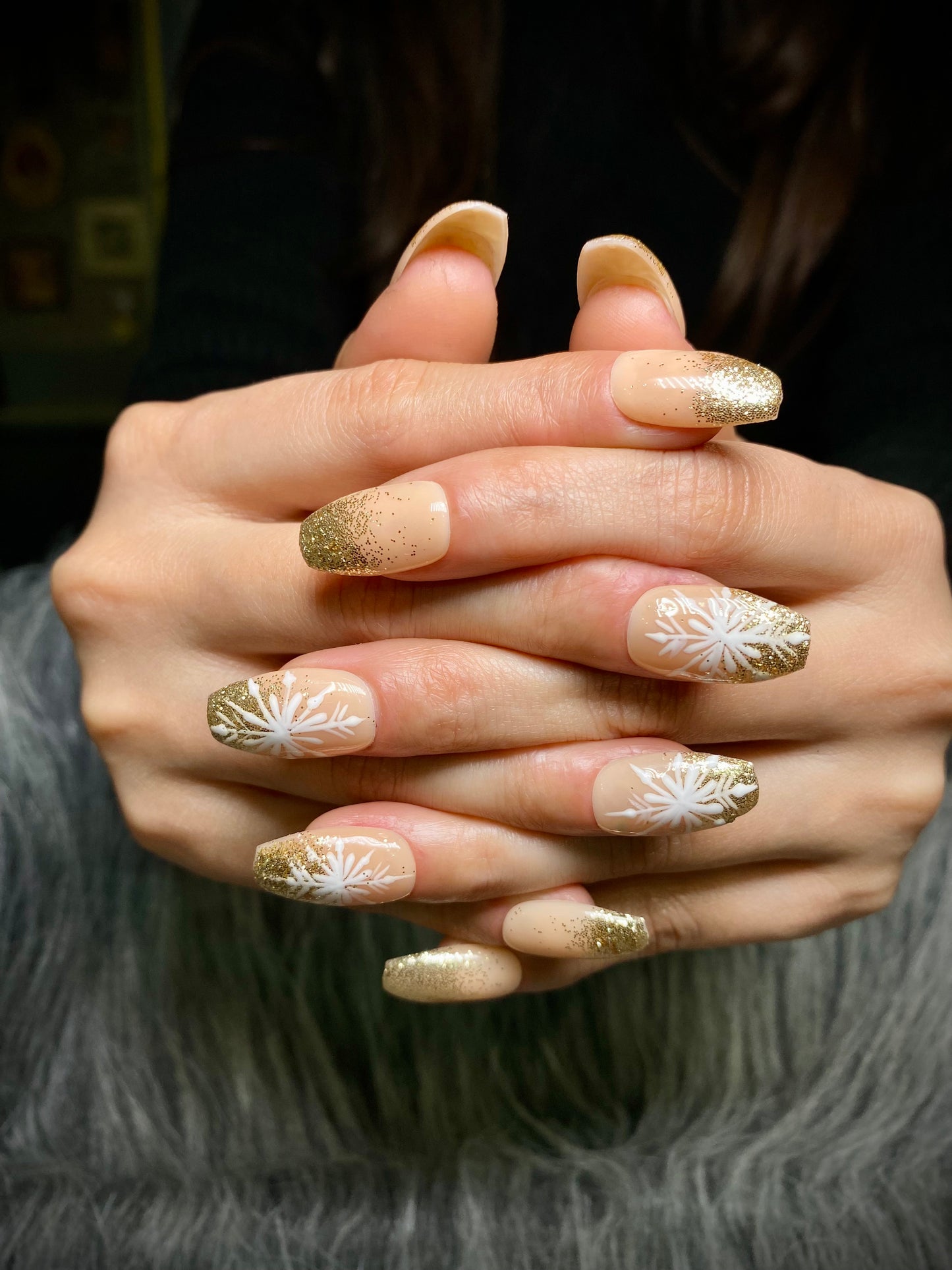 Nude art gold chrome nails