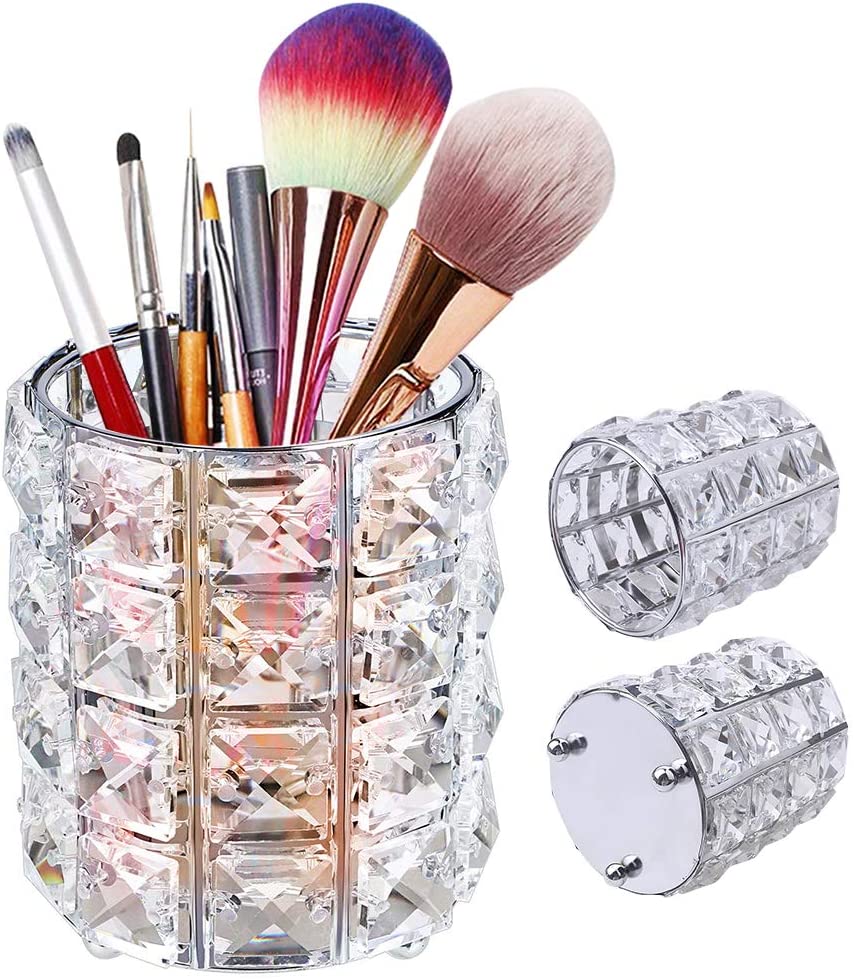 Makeup Brush Holder, Crystal Makeup Brush Pot Round Make Up Brush Holder Organiser, Pots for Makeup Brushes Pen Eyebrow Pencil Holder Cosmetic Storage Container Silver