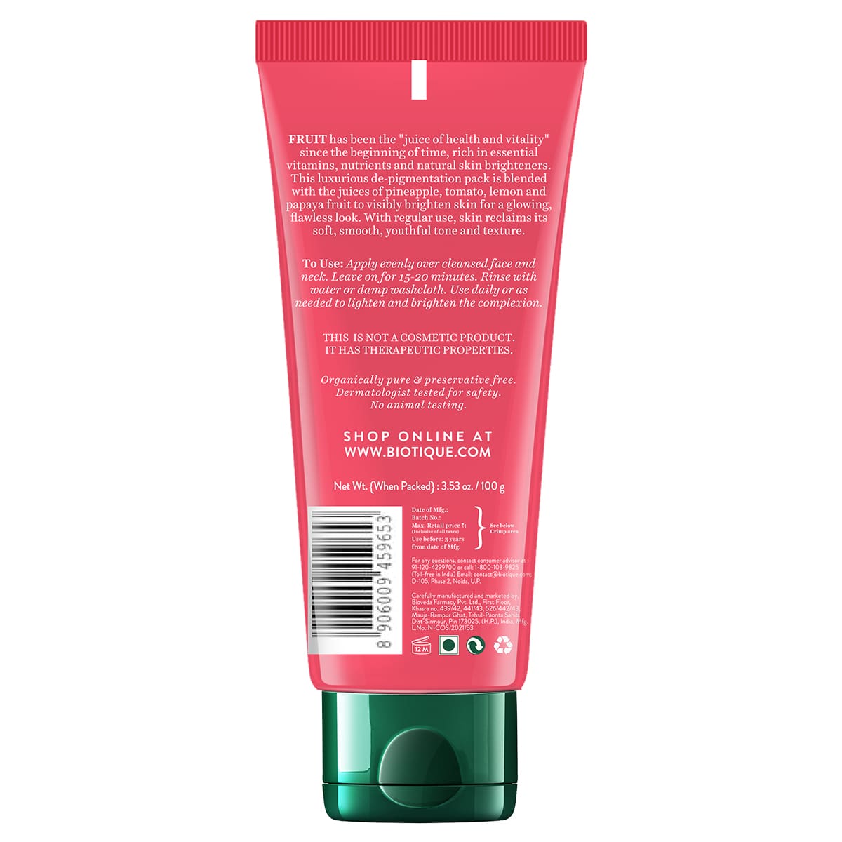 Biotique Fruit Brightening Depigmentation & Tan Removal Face Pack 100ml