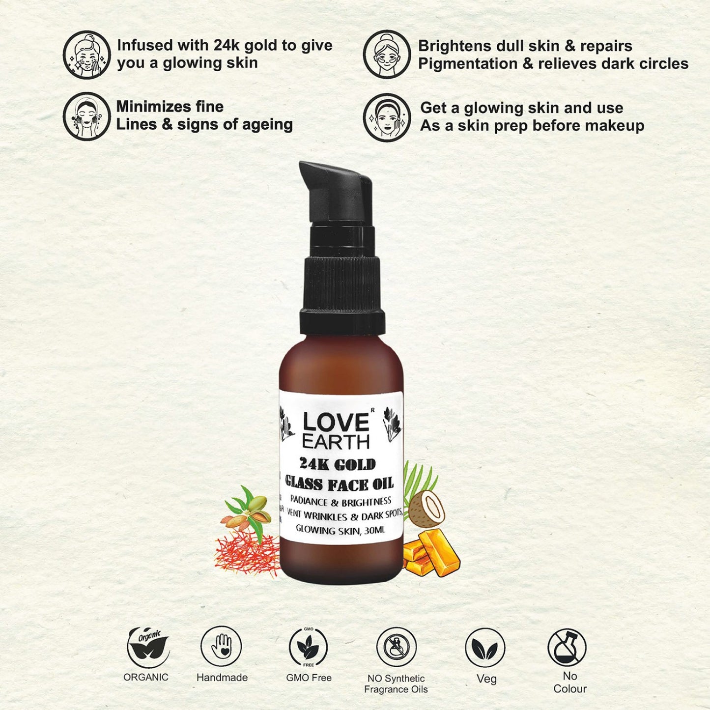 Love Earth 24k Gold Glass Face Oil – 30ml (Glow)