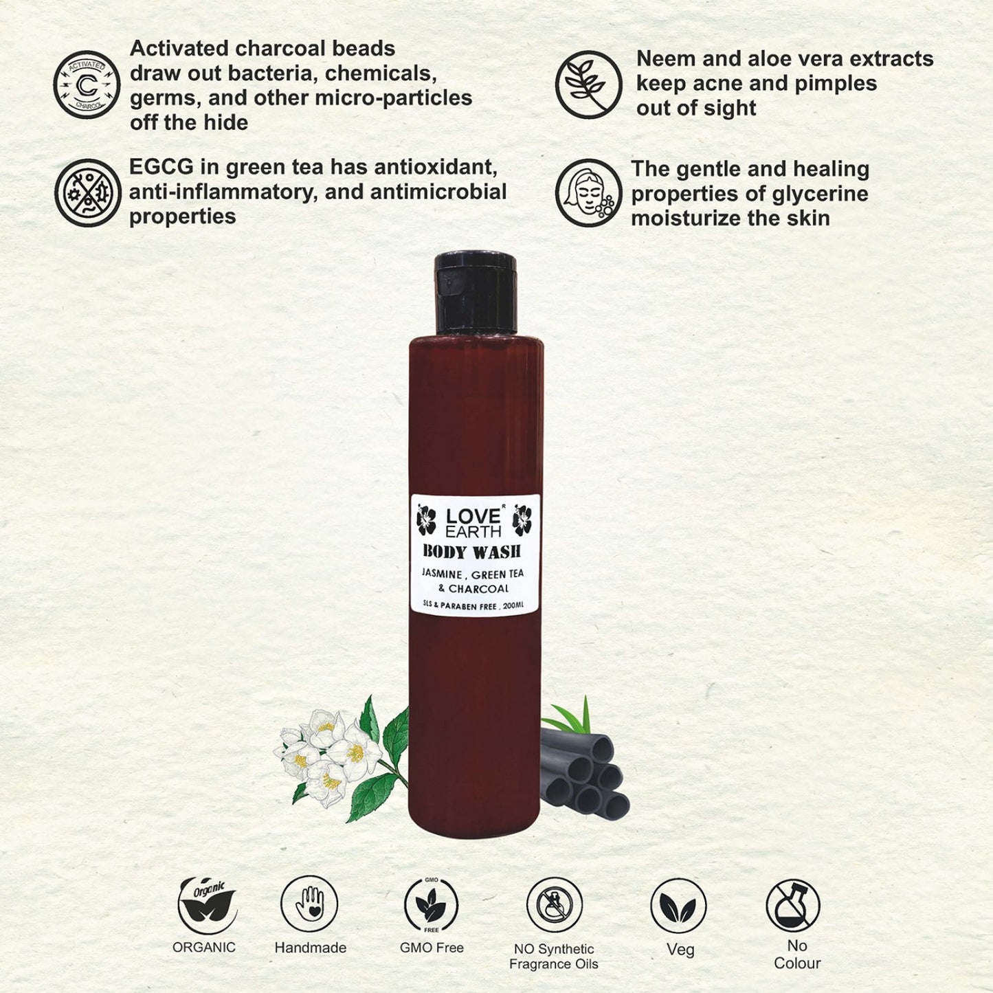 Love Earth Body Wash-Jasmine, Green Tea & Charcoal - 220ml