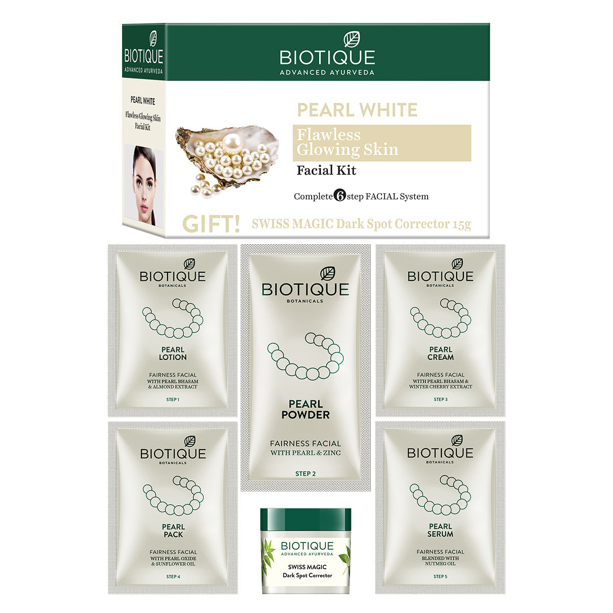 Biotique Pearl White Flawless Glowing Skin Facial Kit (5x10g + 15g)