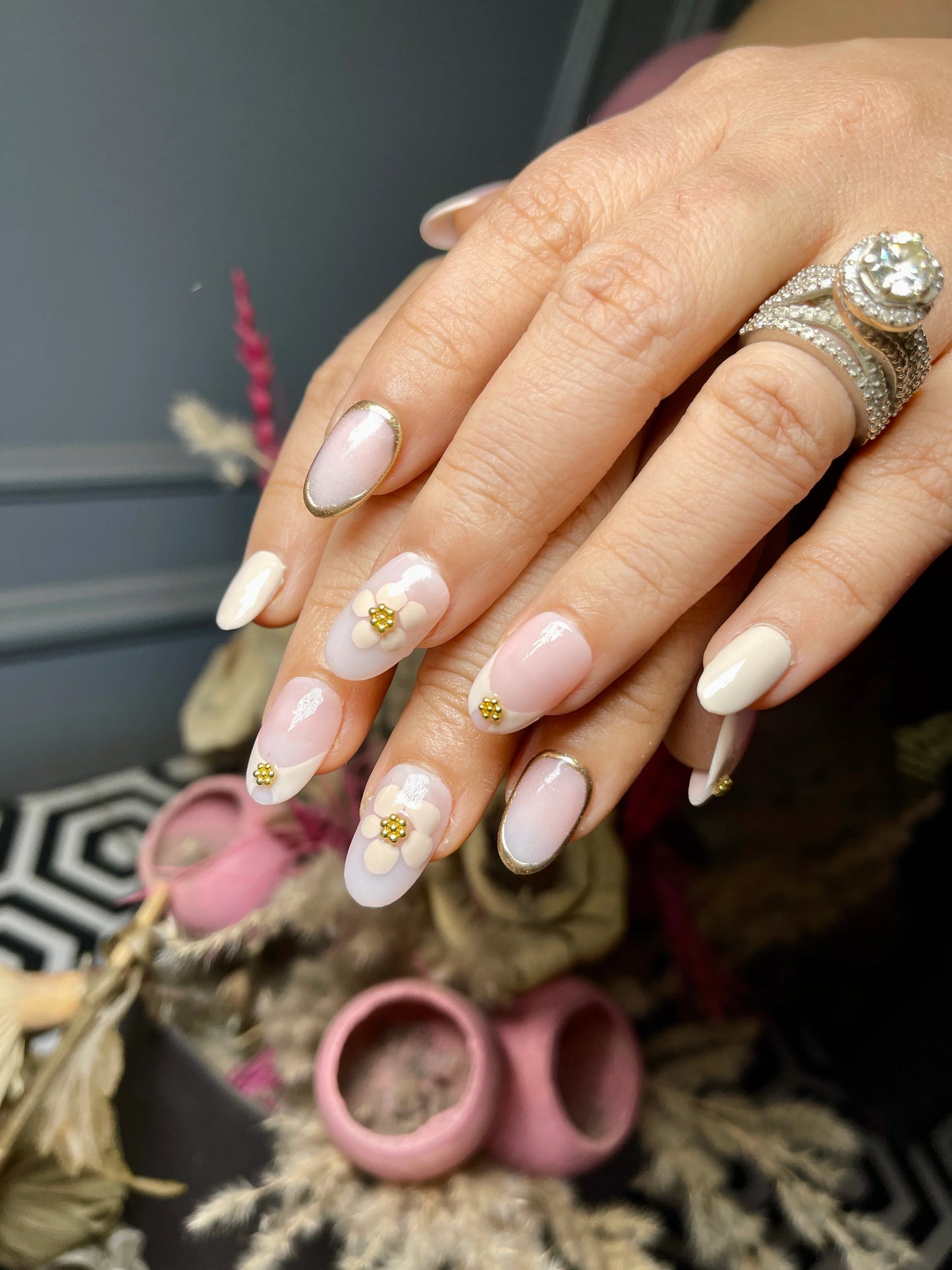 french floral chrome nails