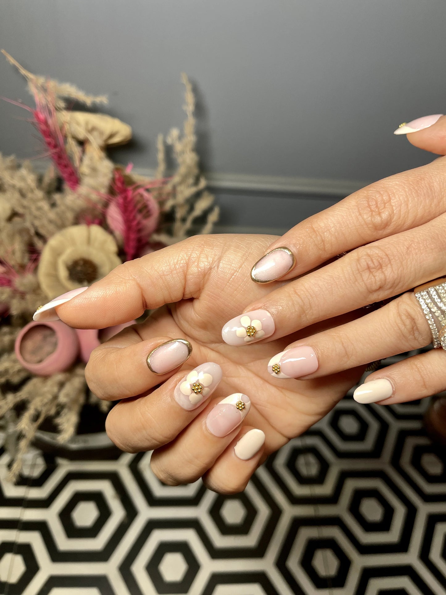 french floral chrome nails