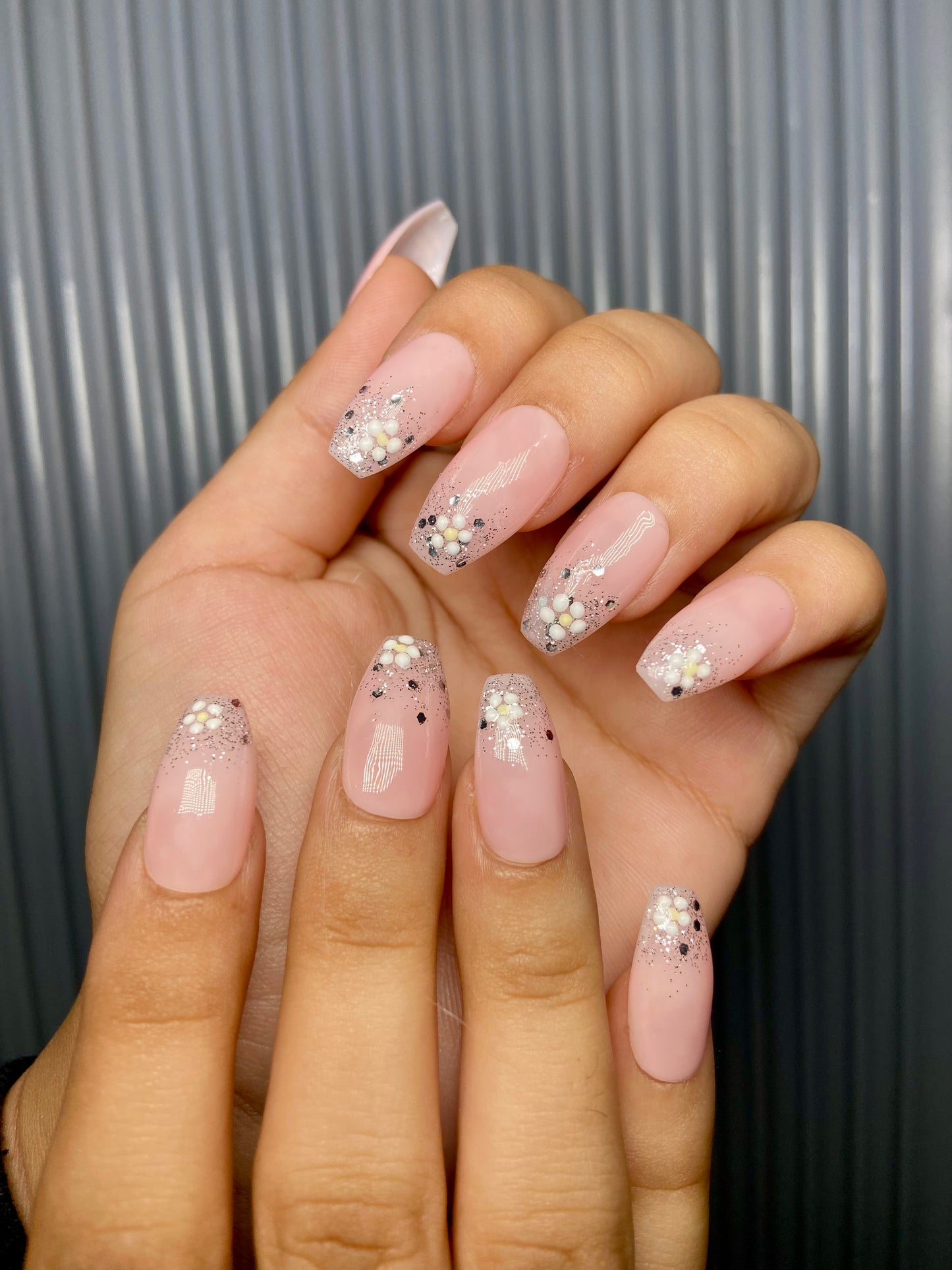 Nude glitter floral nails