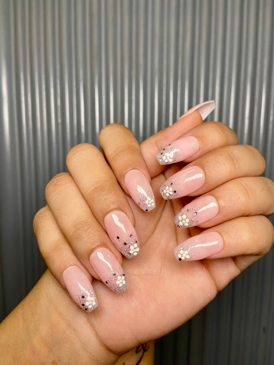 Nude glitter floral nails