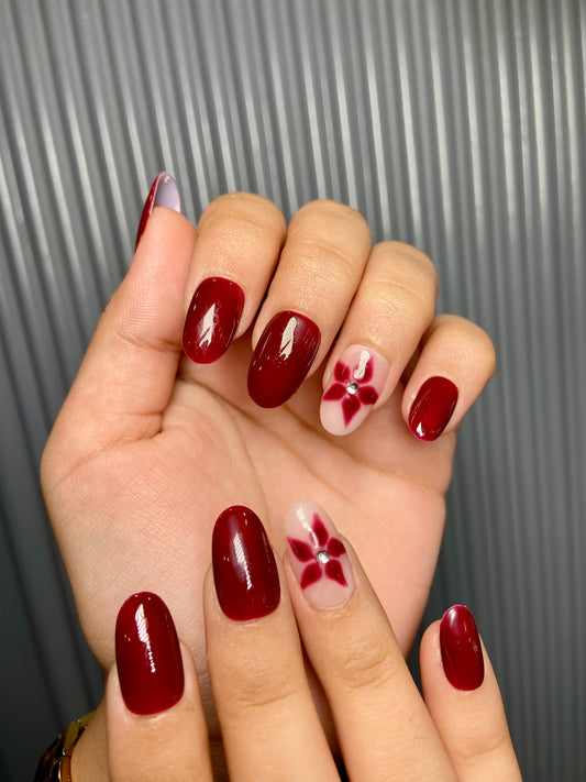 Mehroon floral nails