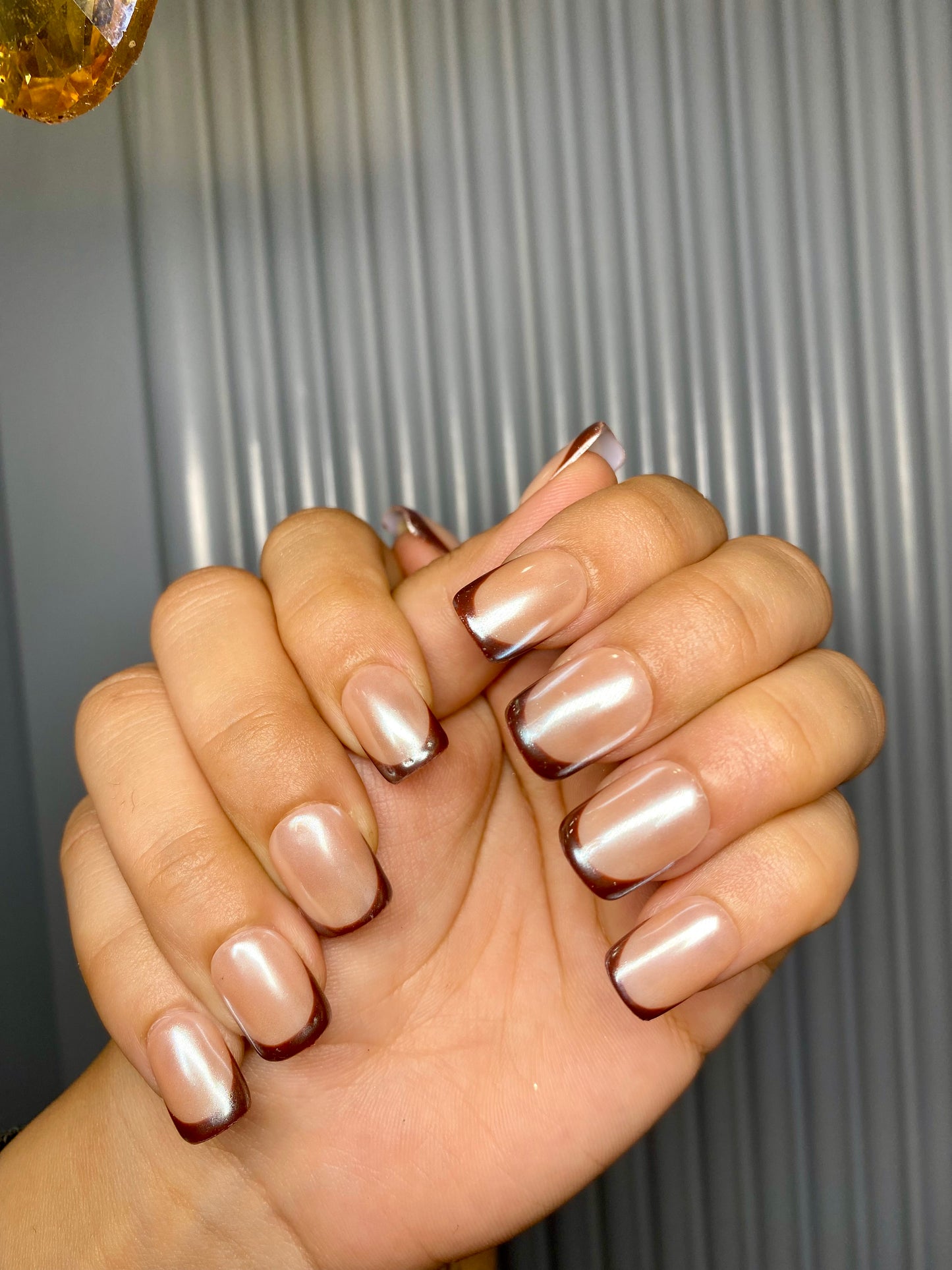 Brown chrome french nails