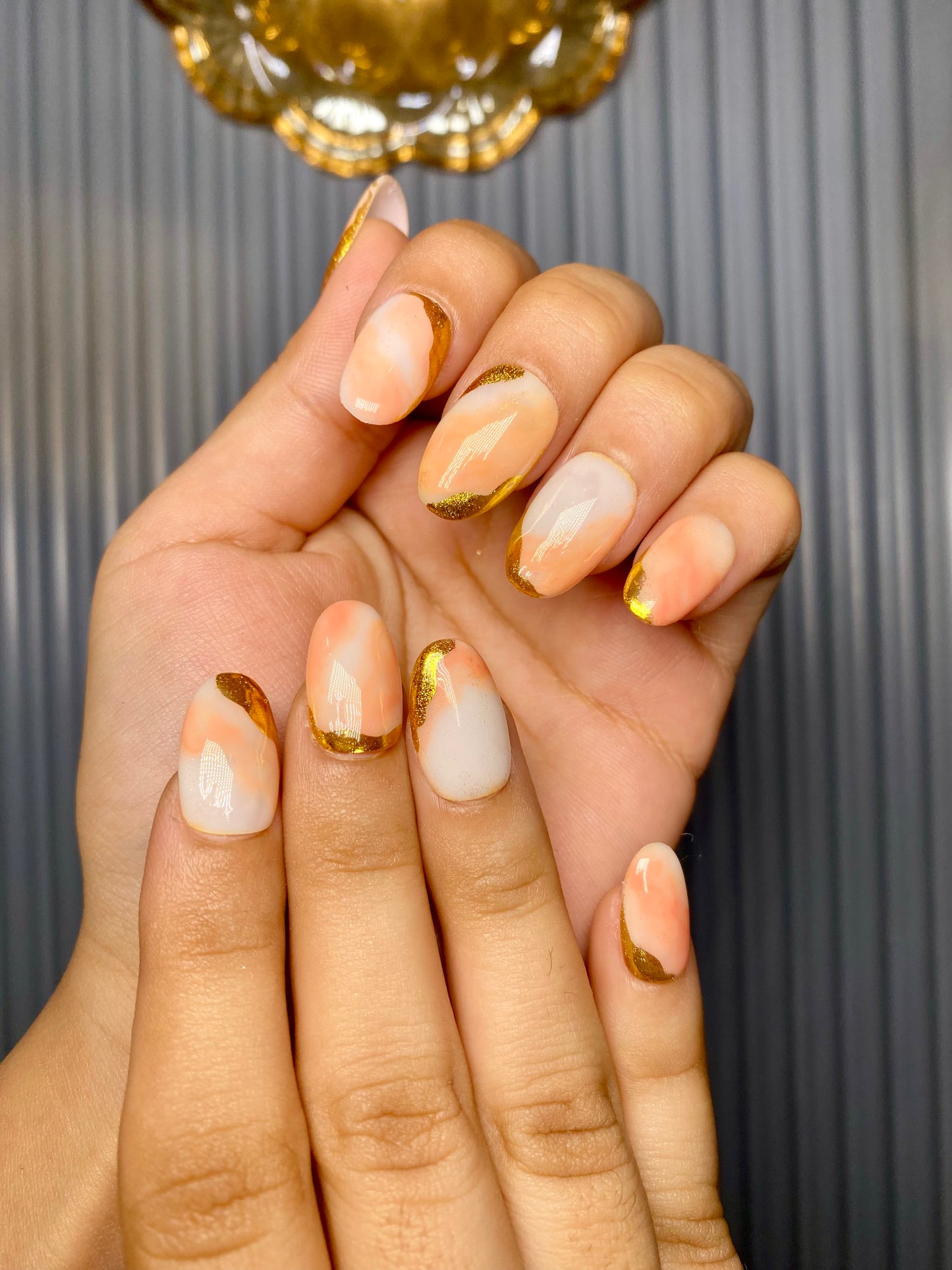 Peach Marble chrome nails