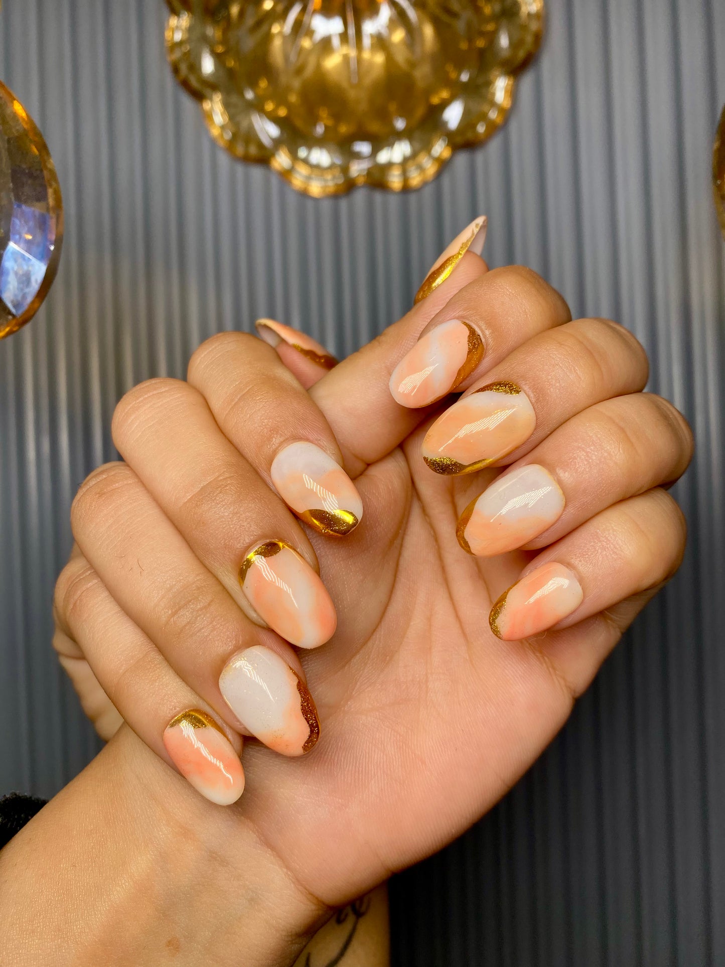 Peach Marble chrome nails