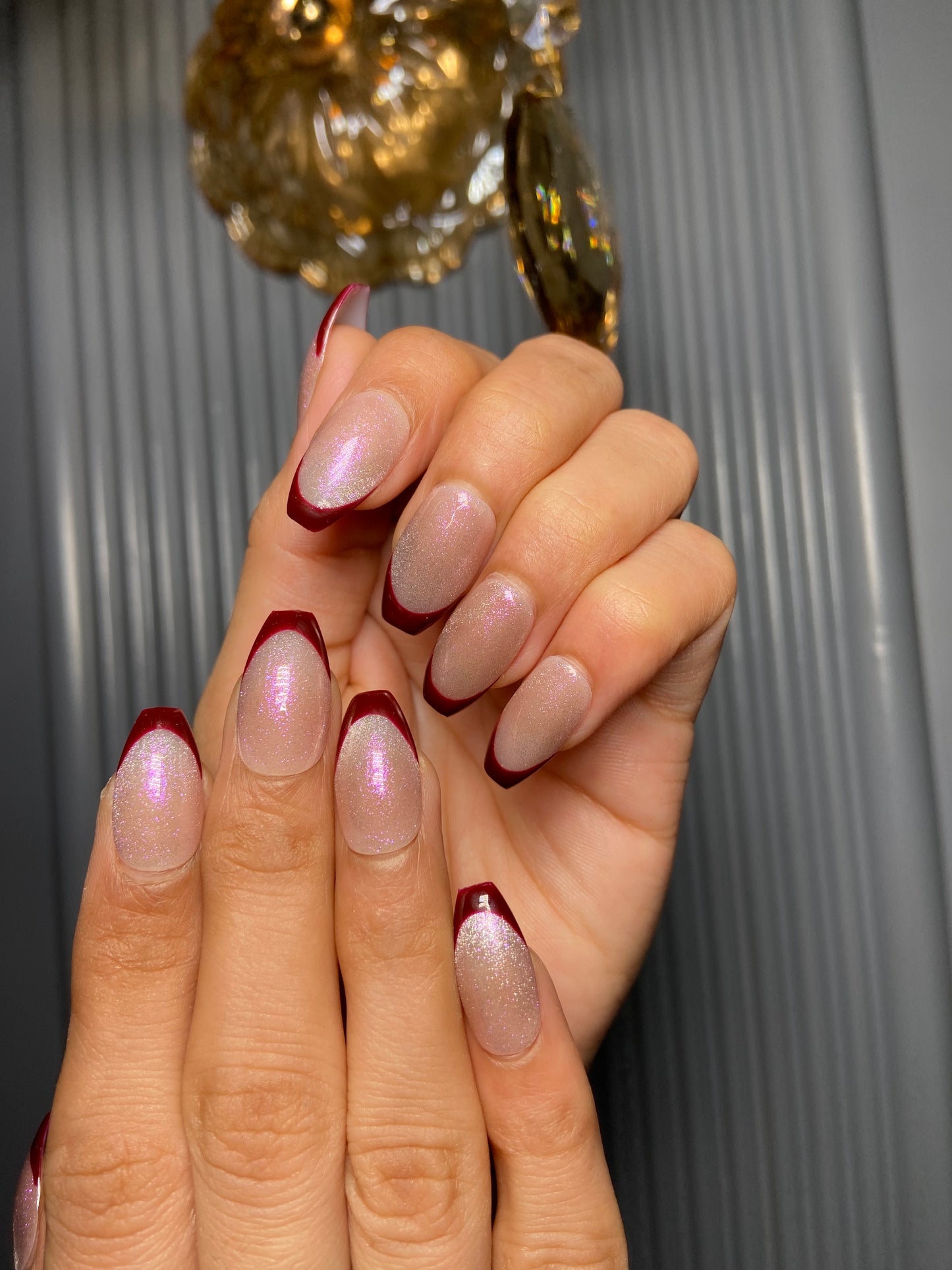 Mehroon french cat eye nails