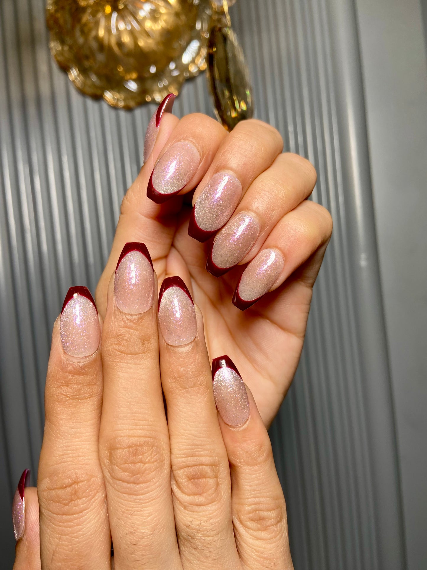 Mehroon french cat eye nails