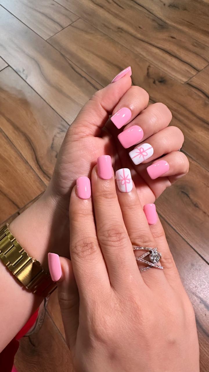 Blush Bow Nails - Short Square