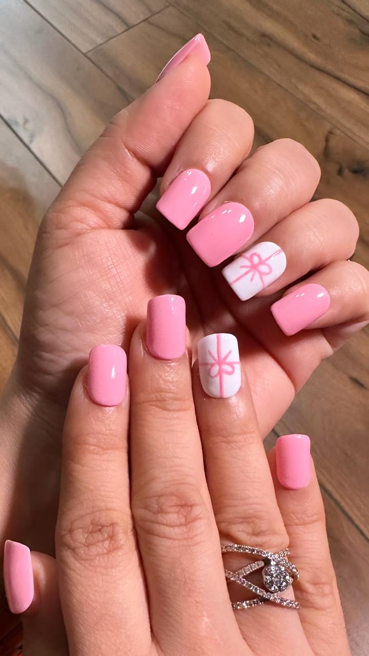 Blush Bow Nails - Short Square