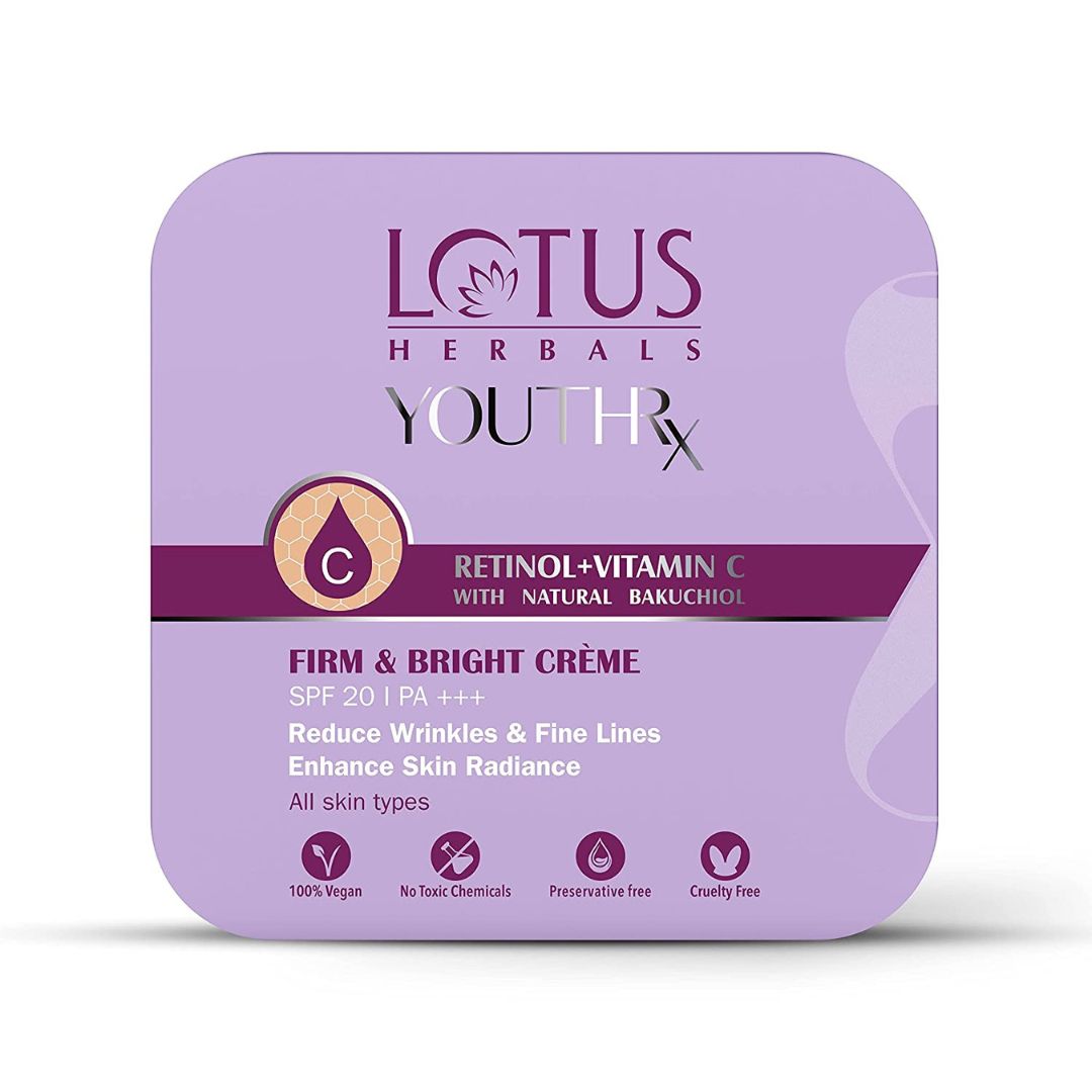 Lotus Herbals YouthRx Firm & Bright Cream | SPF 20 | PA+++ | Bakuchiol Retinol & Vitamin C | Anti Ageing & Brightening | 50g