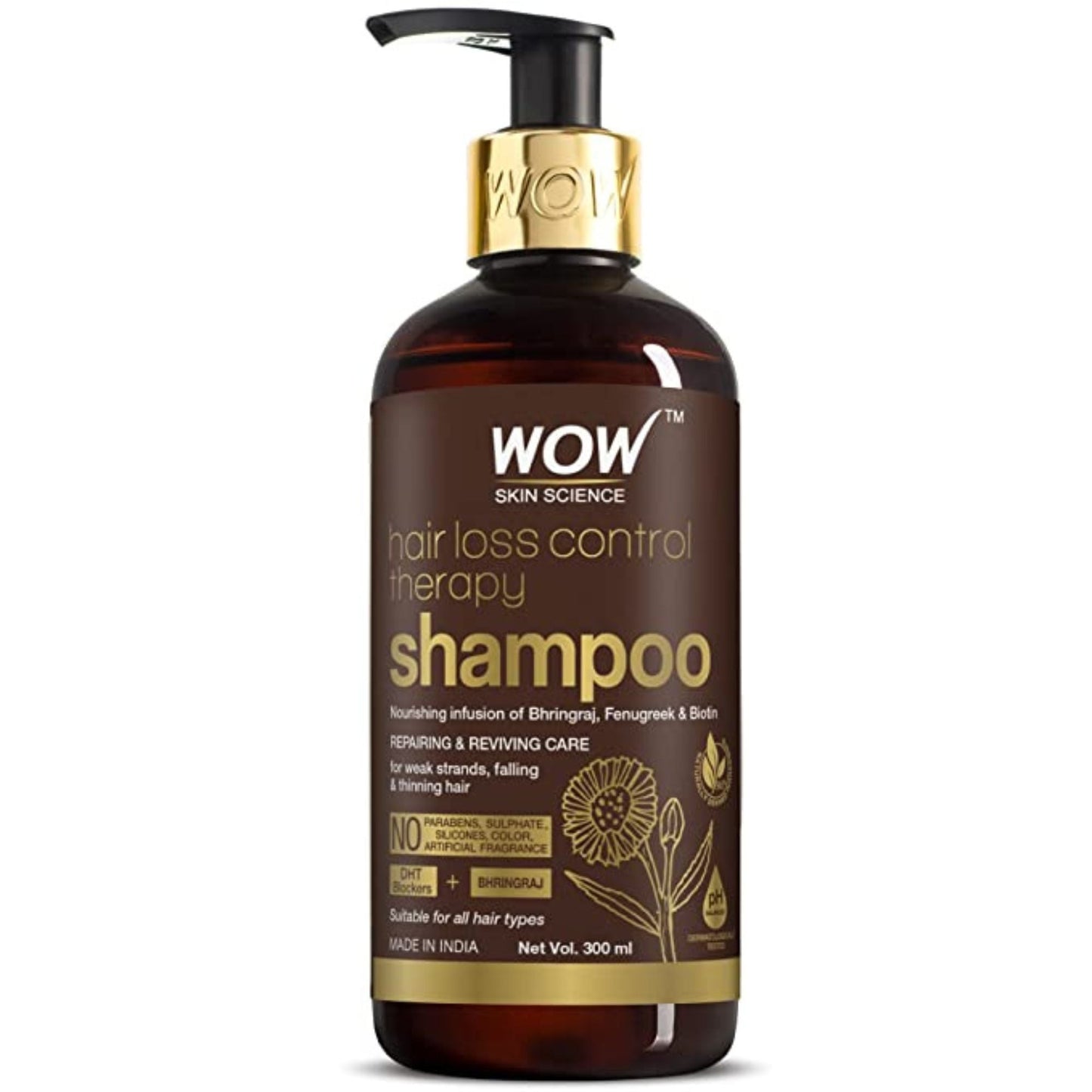 WOW Skin Science Hair fall control shampoo - Reduces Hair Loss - Contains Ayurvedic & Western Herbal Extracts with Natural Dht Blockers