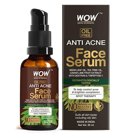 WOW Skin Science Anti Acne Face Serum - Natural Neem Leaf Oil, Tea Tree Oil, Caviar Lime Fruit Extract - Spot Therapy - No Parabens, Silicones & Fragrance - 30ml