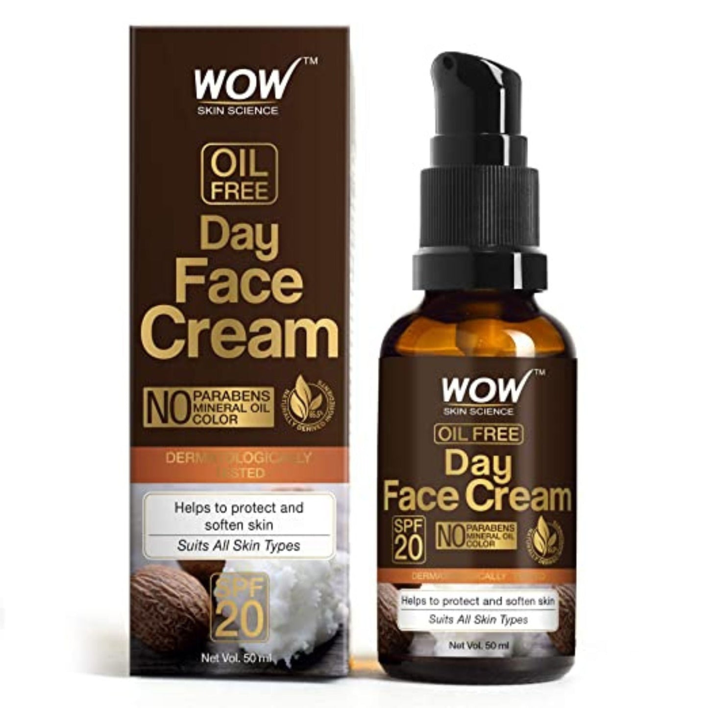 WOW Skin Science Day Face Cream - SPF 20 - with Rosehip Oil & Shea Butter - OIL FREE - Quick Absorbing - Protect & Soften Skin - No Parabens, Mineral Oil & Color - 50mL