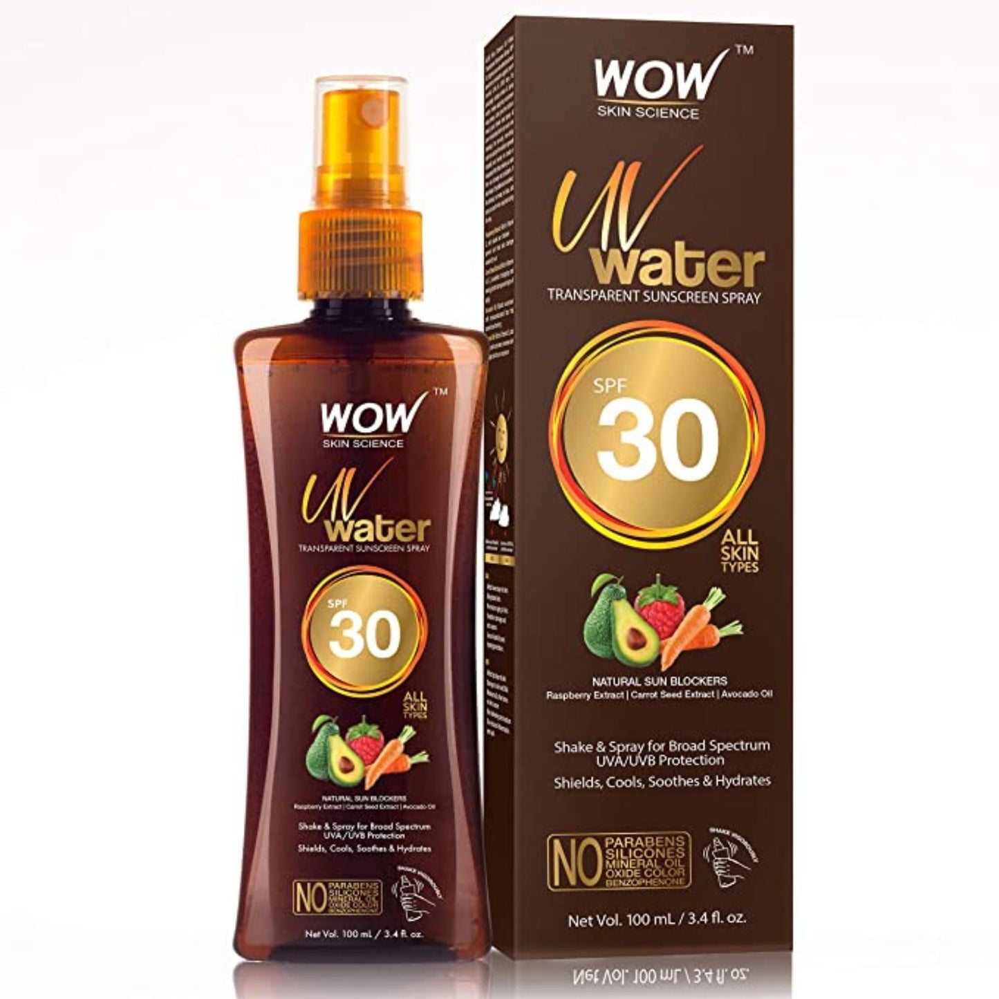 WOW Skin Science UV Water Transparent Sunscreen Spray SPF 30 - Quick Absorbing - Oil Free - with Raspberry Extract, Carrot Seed Extract, Avocado Oil - No Parabens, Silicones, Mineral Oil, Oxide, Color & Benzophenone - 100mL