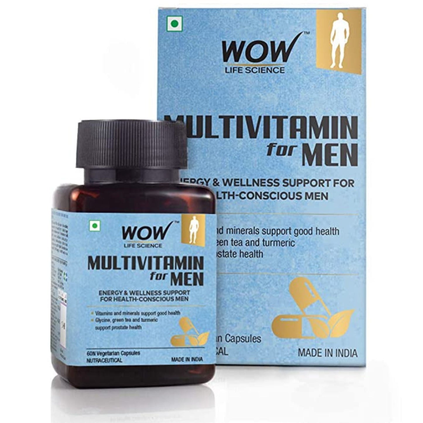 WOW Life Science Multivitamin for Men - with Glycine, Green Tea, Turmeric, Vitamins - 60 Veg Capsules (1C)