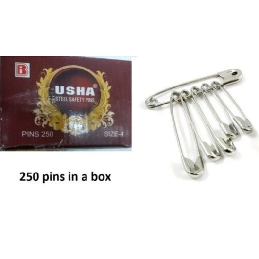 Nickel Usha Steel Safety Pins, box 250 pins in box size no 4 silver color